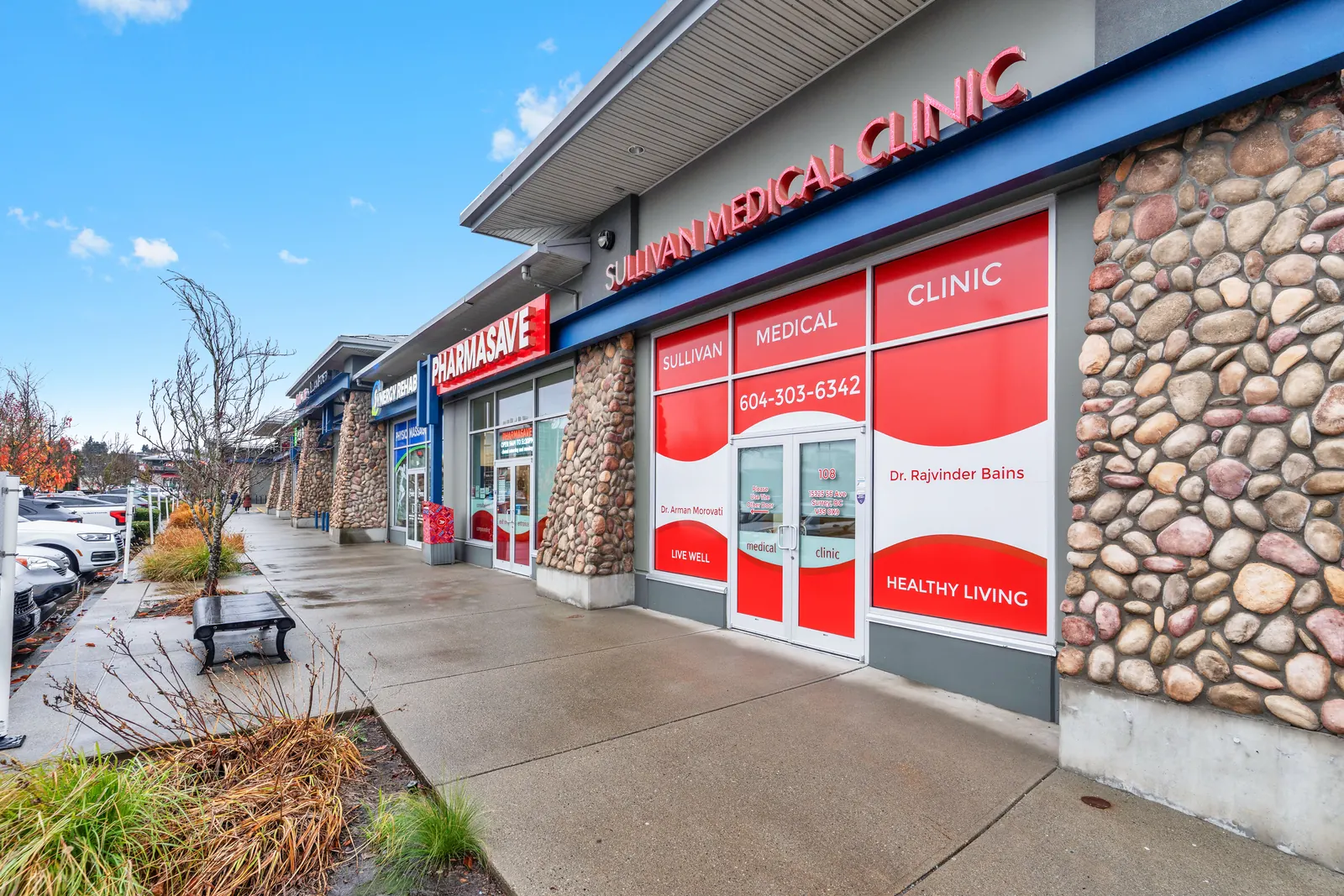 Sullivan Medical Clinic storefront at 15325 56 Ave, next to Pharmasave